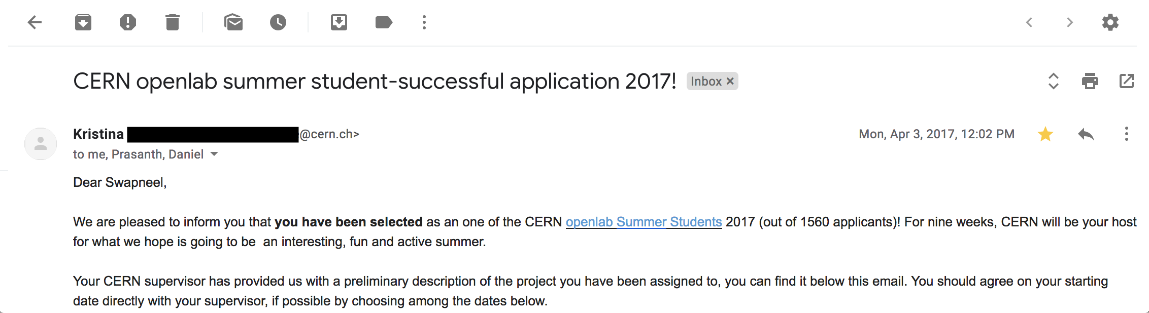 The Openlab Summer Student Program Selection Email
