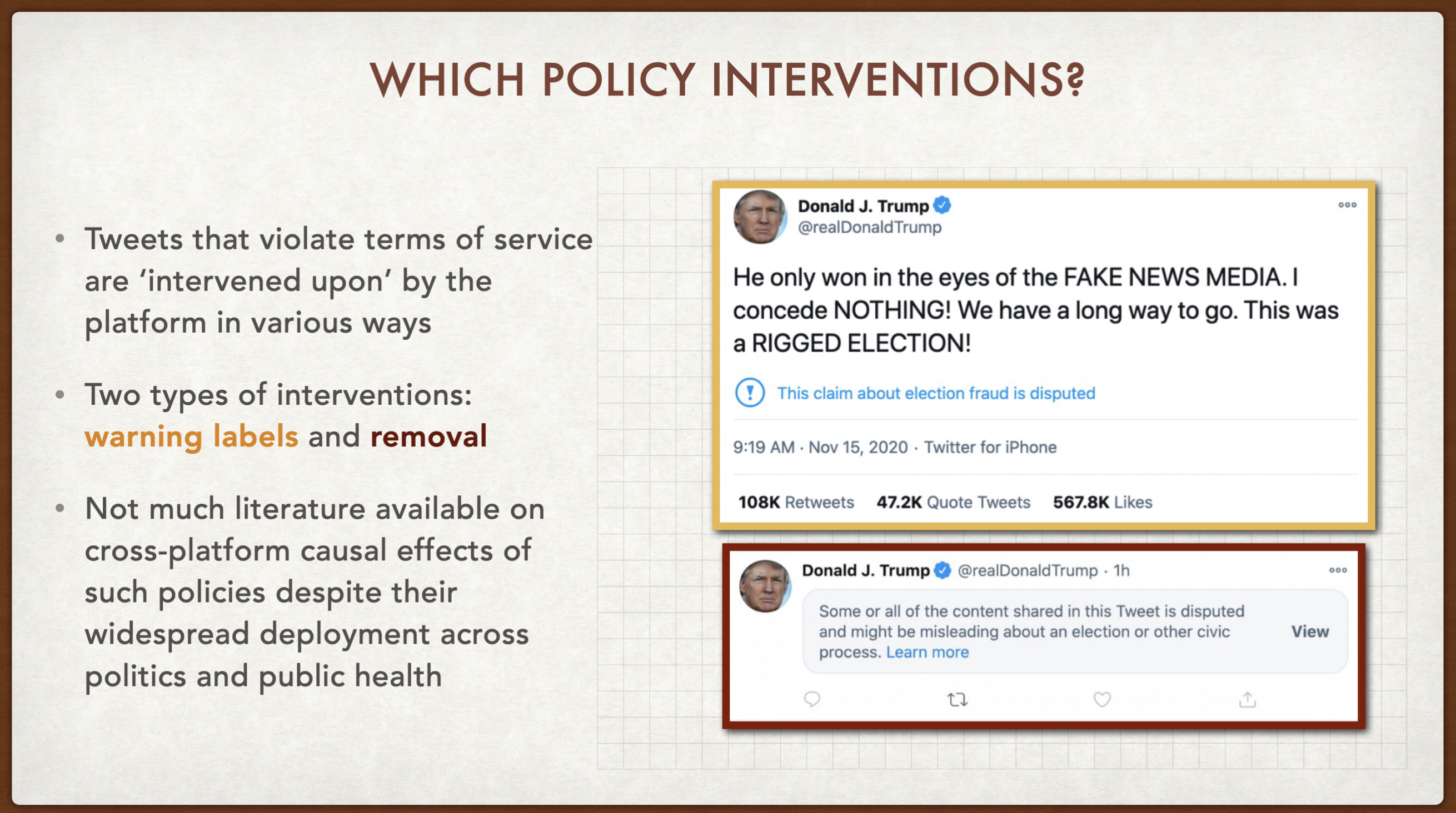 "Interventions" were applied to President Donald Trump's tweets during the period following the 2020 election