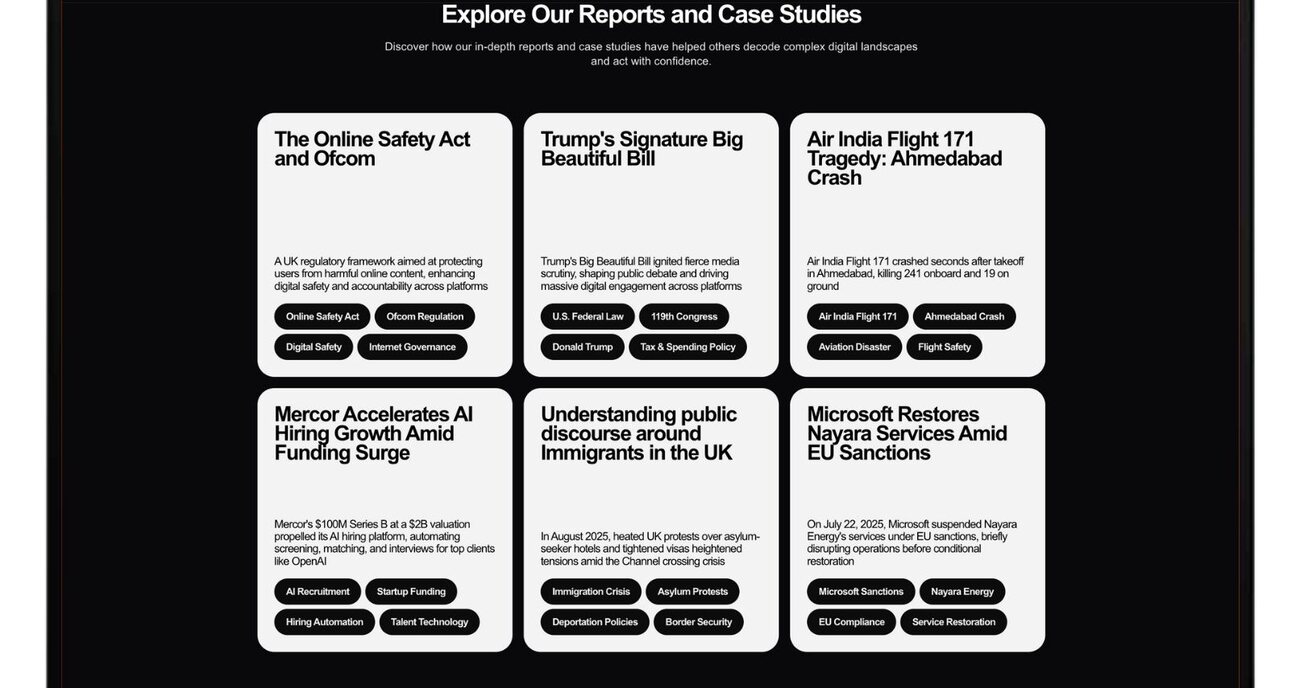 Arbiter reports page showing published case study cards on the UK Online Safety Act, immigration discourse and EU sanctions