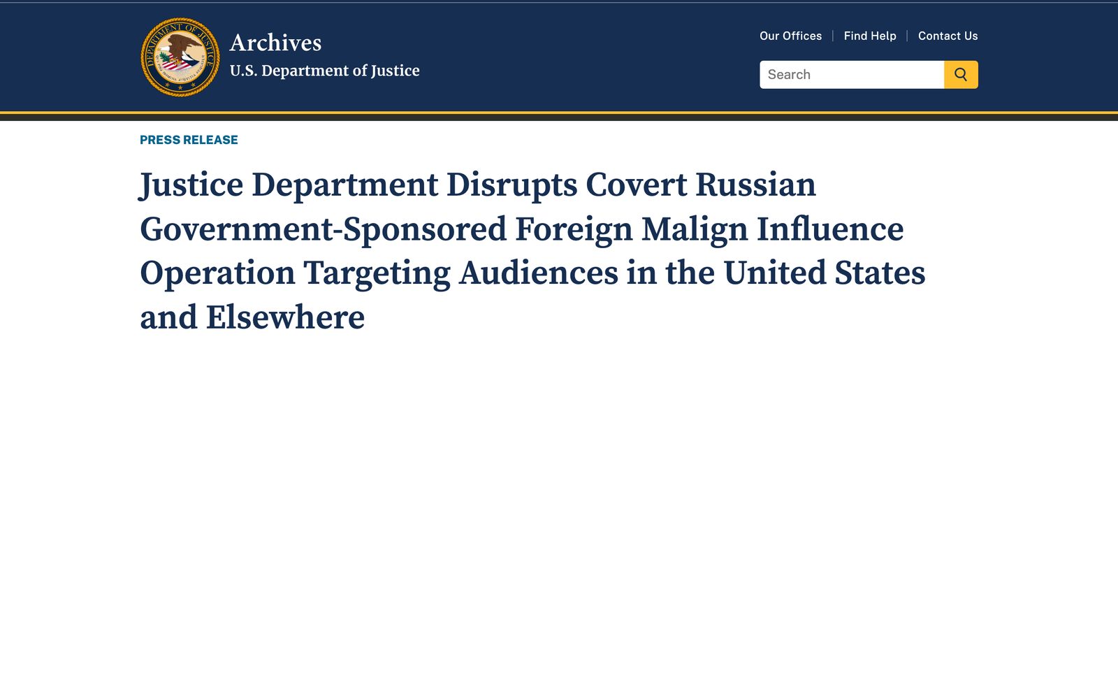 U.S. Department of Justice press release: Justice Department Disrupts Covert Russian Government-Sponsored Foreign Malign Influence Operation
