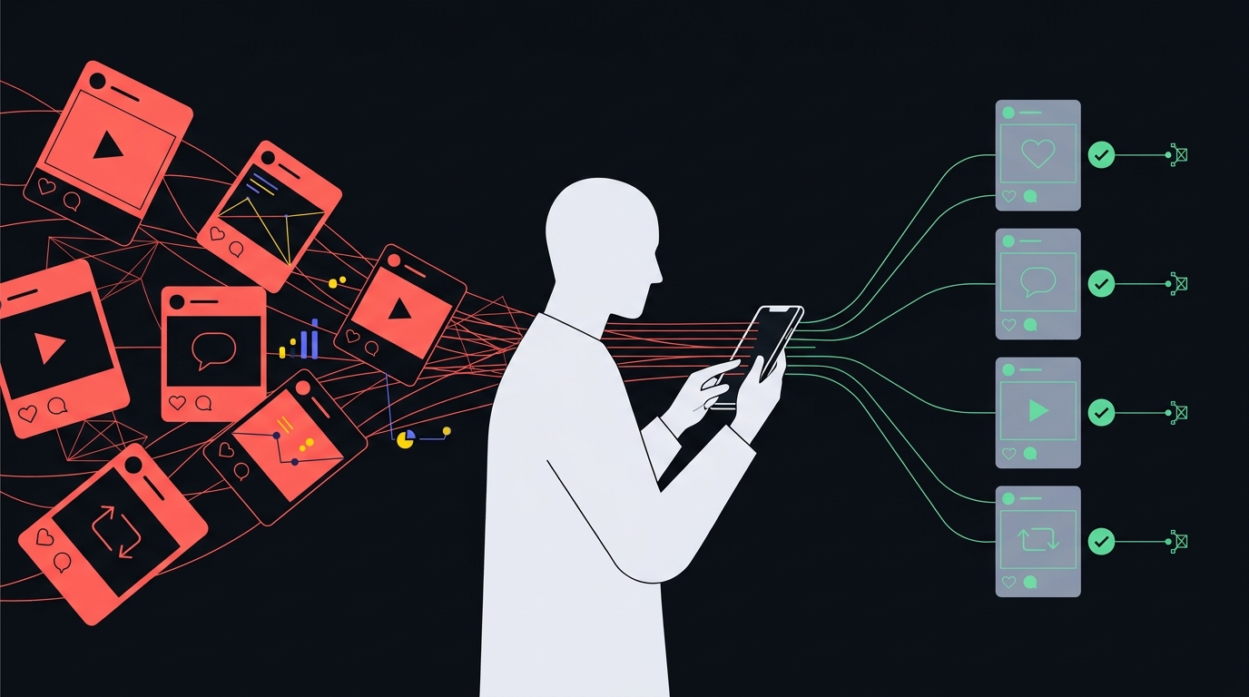 A person with a phone, a manufactured wave of posts arriving, verified evidence cards leaving