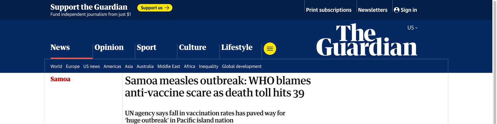 The Guardian: Samoa measles outbreak, WHO blames anti-vaccine scare as death toll hits 39
