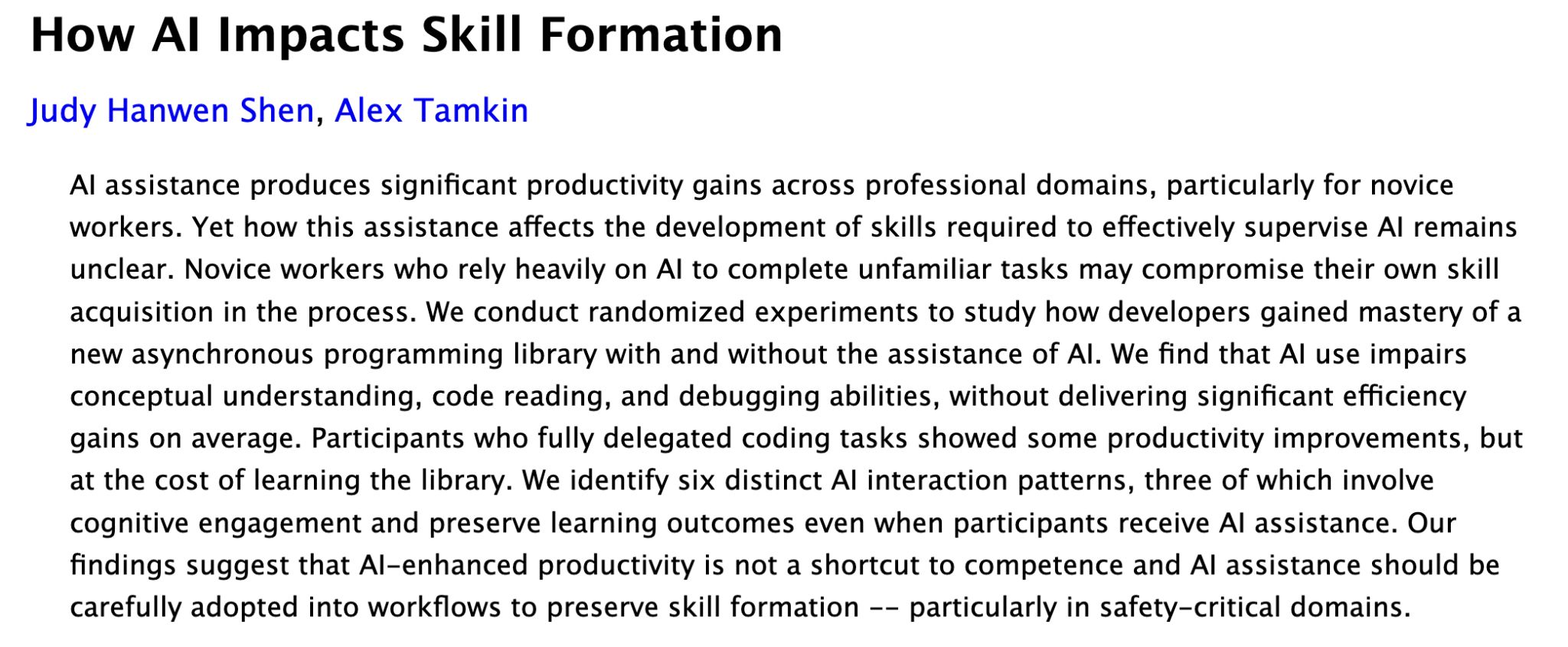 How AI Impacts Skill Formation - Shen and Tamkin paper abstract