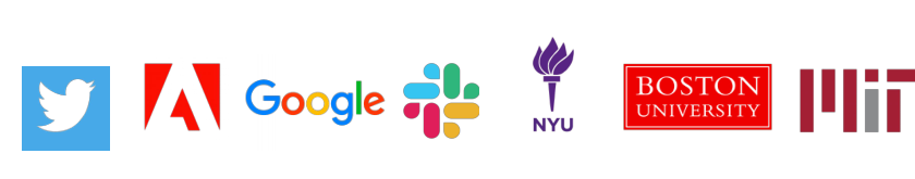 Twitter/X, Adobe, Google, Slack, NYU, Boston University, MIT logos
