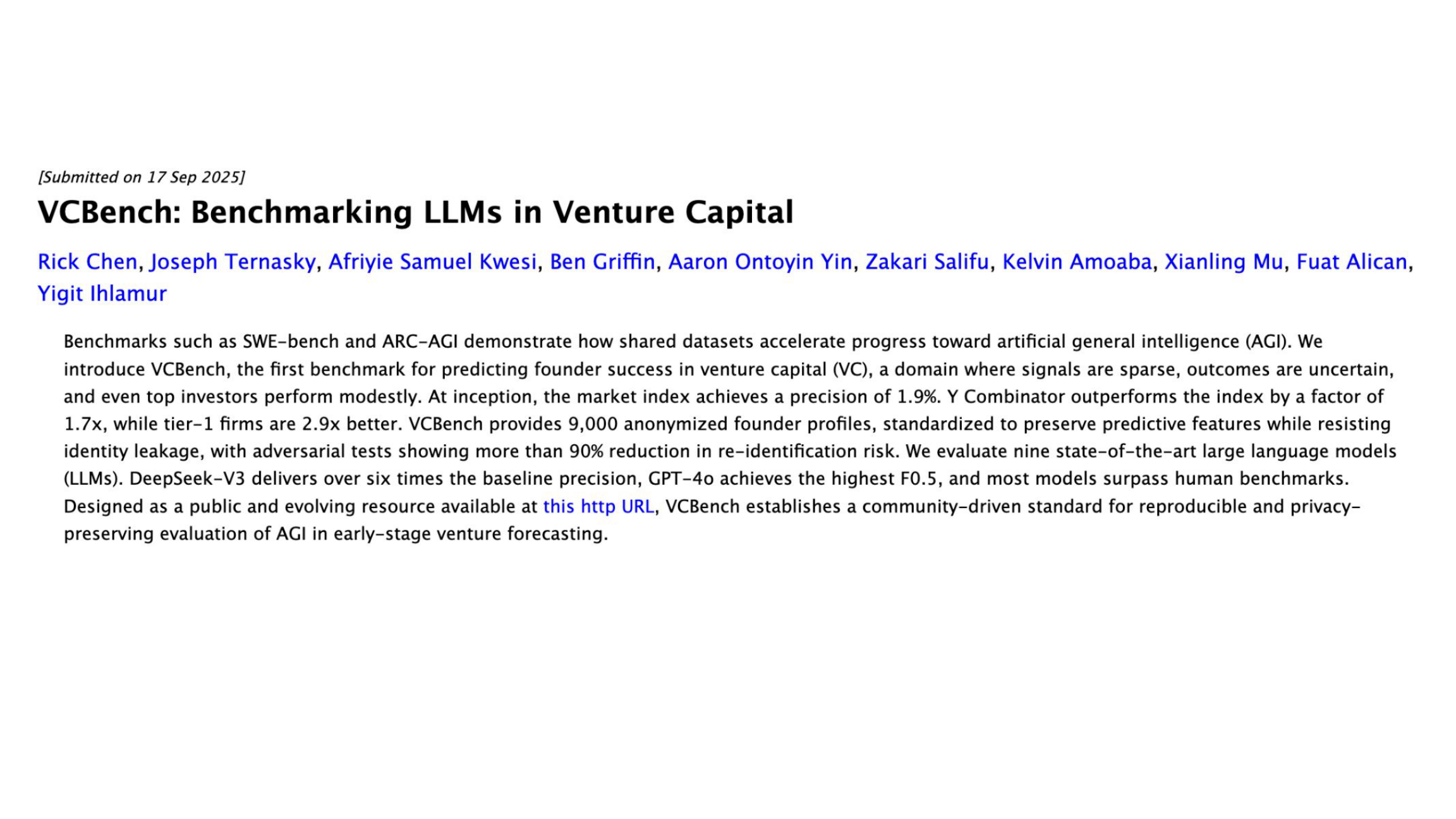 VCBench: Benchmarking LLMs in Venture Capital - Chen et al paper abstract