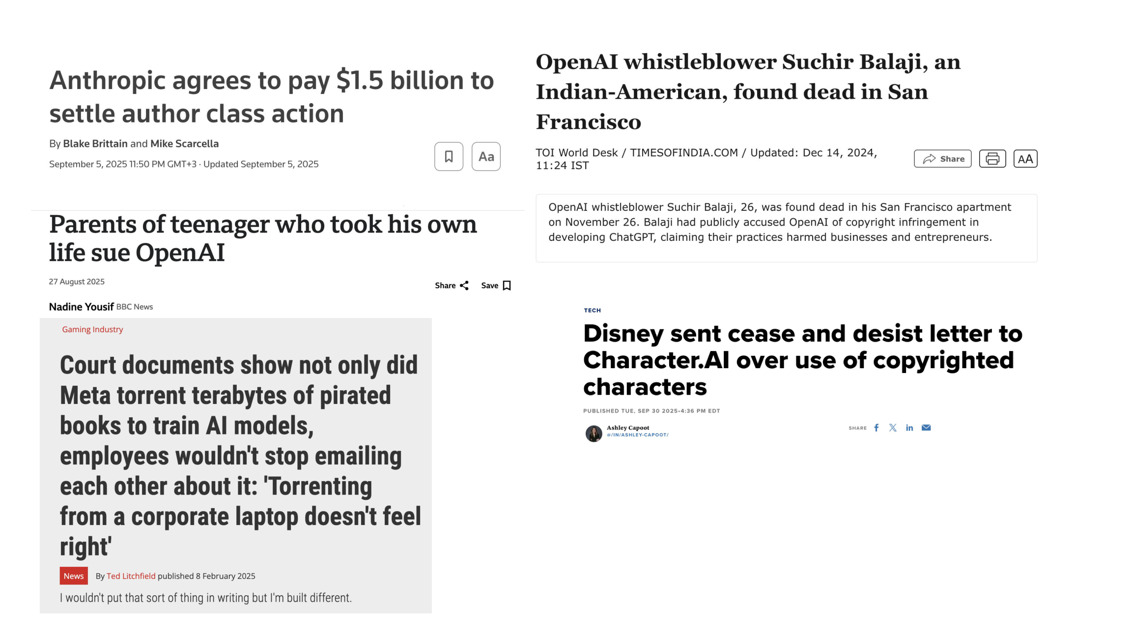 News headlines: Anthropic $1.5B settlement, OpenAI whistleblower Suchir Balaji, teenager sues OpenAI, Disney vs Character.AI, Meta torrented pirated books