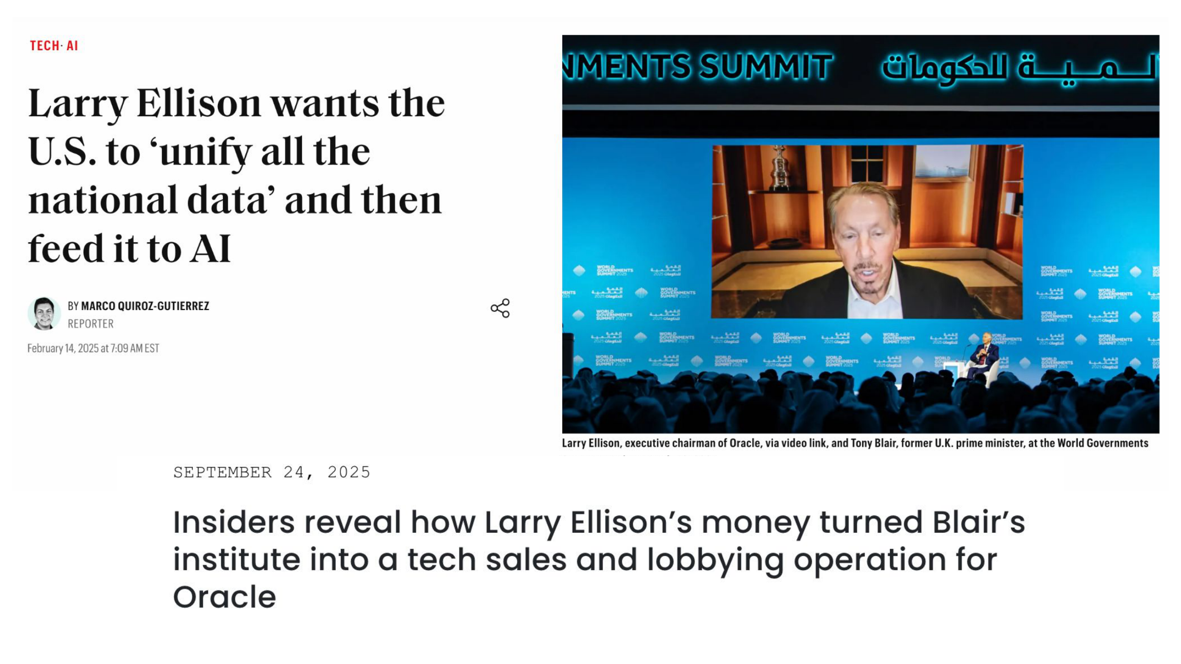 Larry Ellison wants US to unify national data for AI - Fortune article, and Blair institute lobbying for Oracle