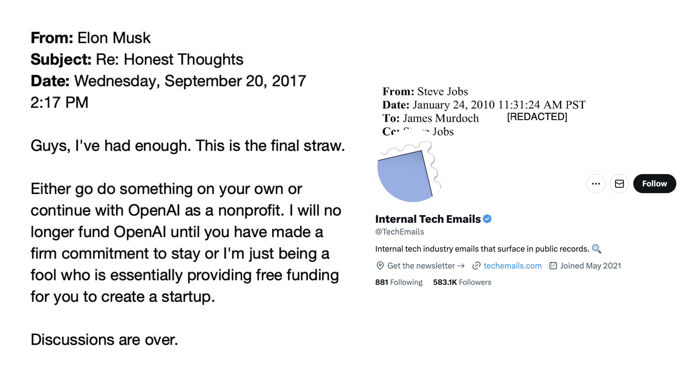 Elon Musk email to OpenAI: Discussions are over. Plus Internal Tech Emails Twitter account showing Steve Jobs email