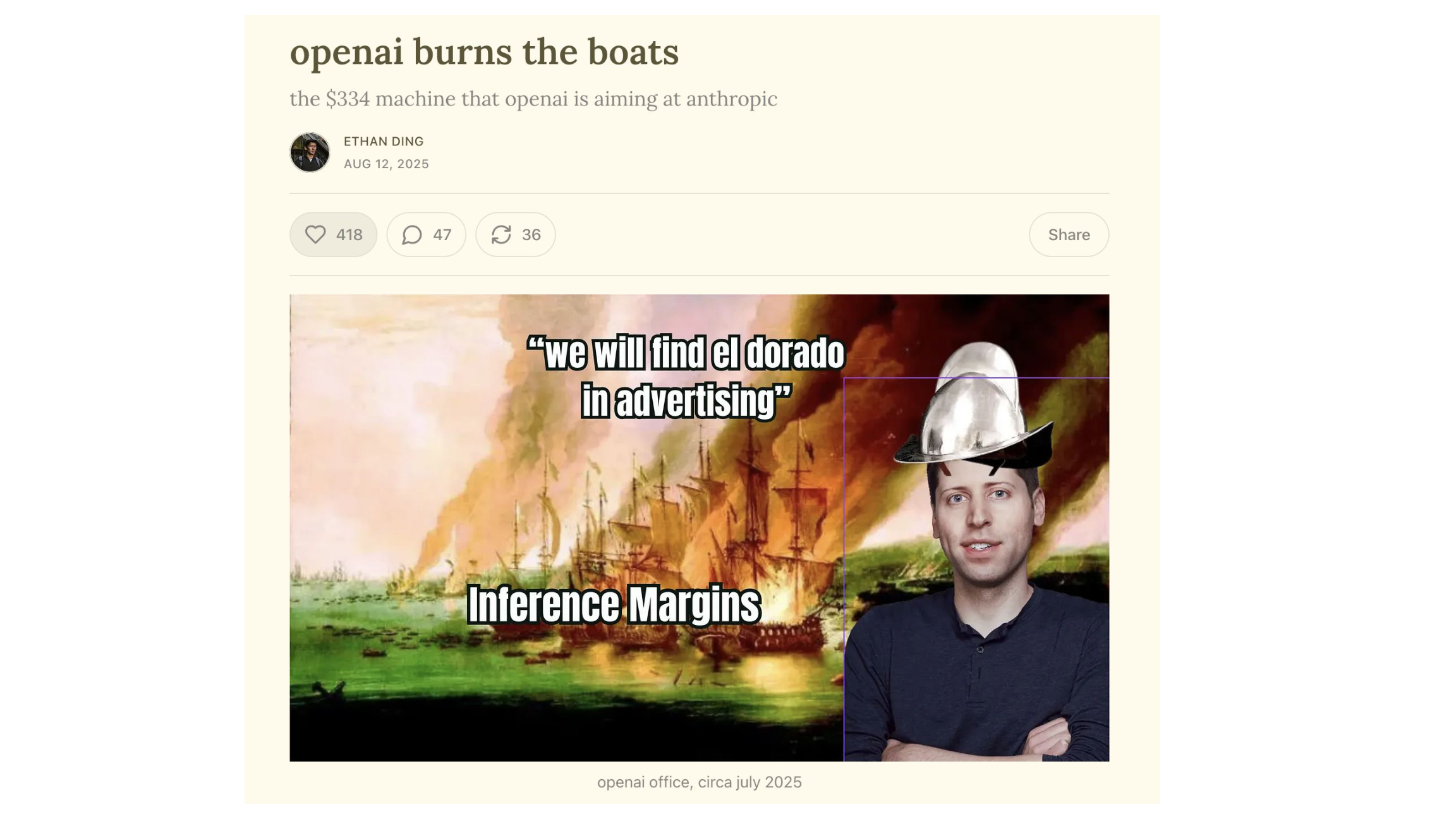 Substack article: OpenAI burns the boats - the $334 machine that OpenAI is aiming at Anthropic - by Ethan Ding
