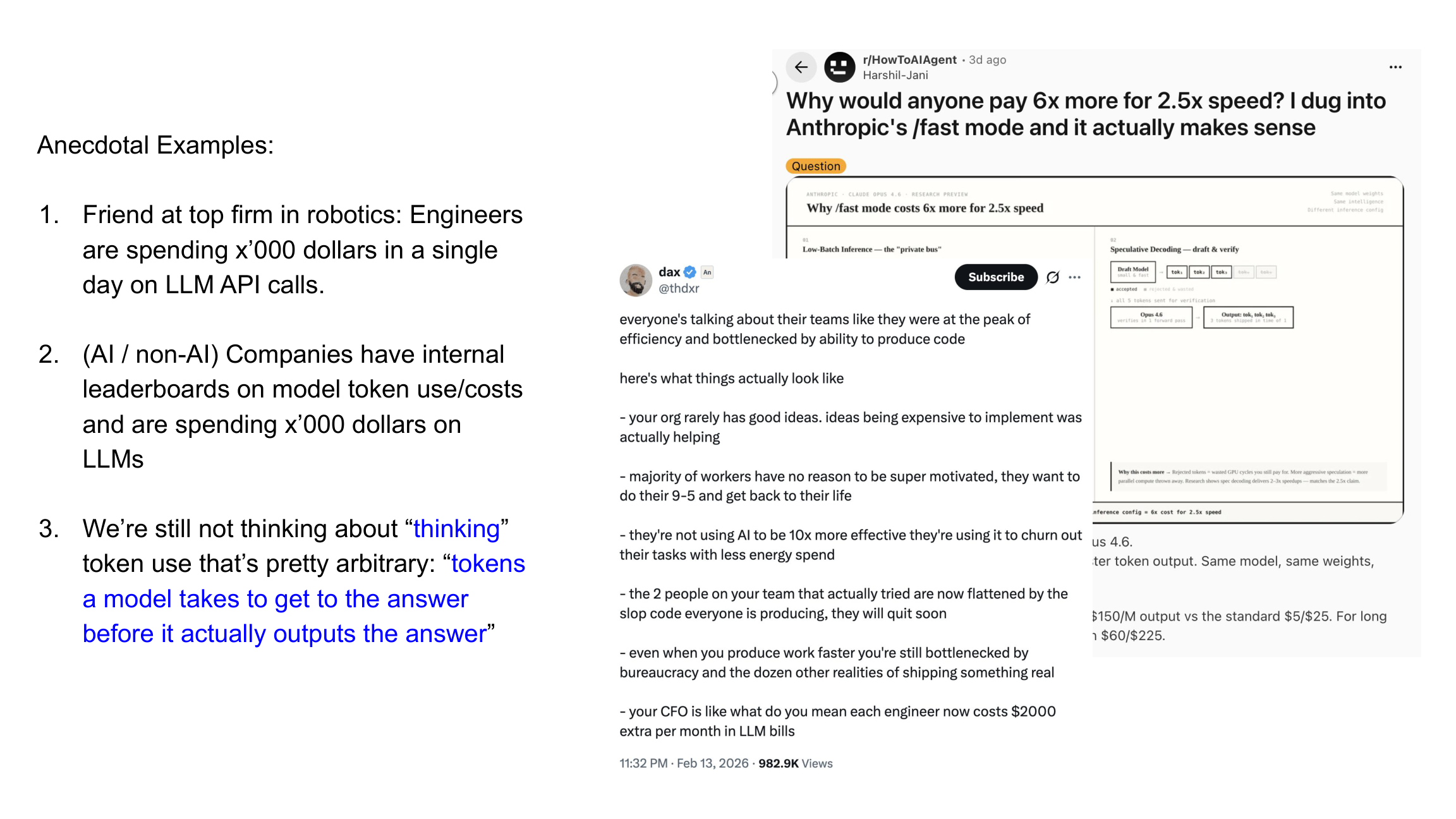 Anecdotal examples of LLM costs: Reddit thread about Anthropic fast mode, thdxr tweet about real team dynamics, and thinking token costs