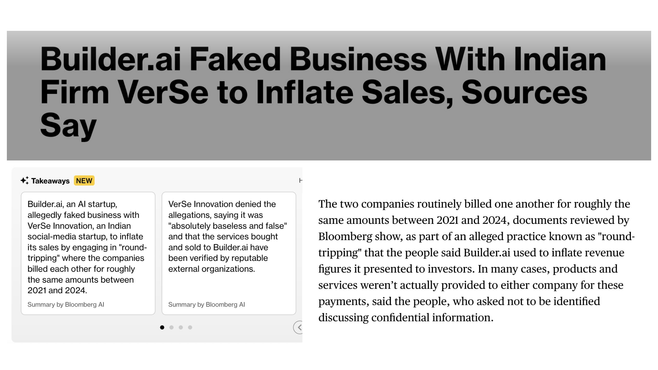 Builder.ai Faked Business With Indian Firm VerSe to Inflate Sales - Bloomberg article with round-tripping details