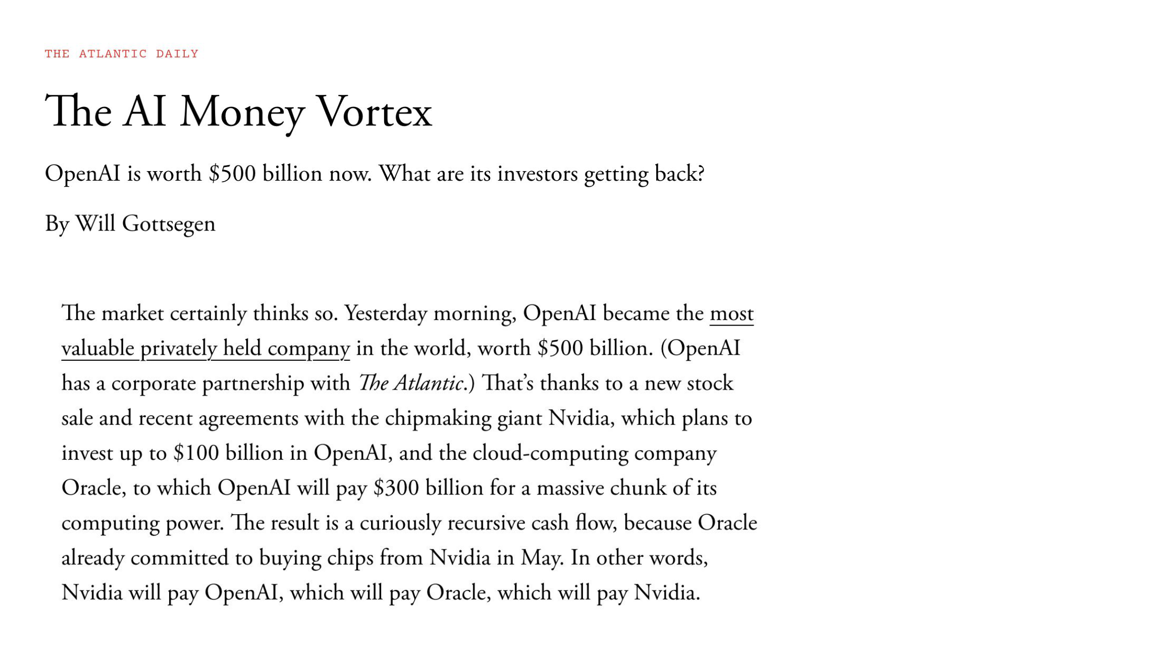 The Atlantic: The AI Money Vortex - OpenAI worth $500B, recursive cash flow between Nvidia, OpenAI, and Oracle