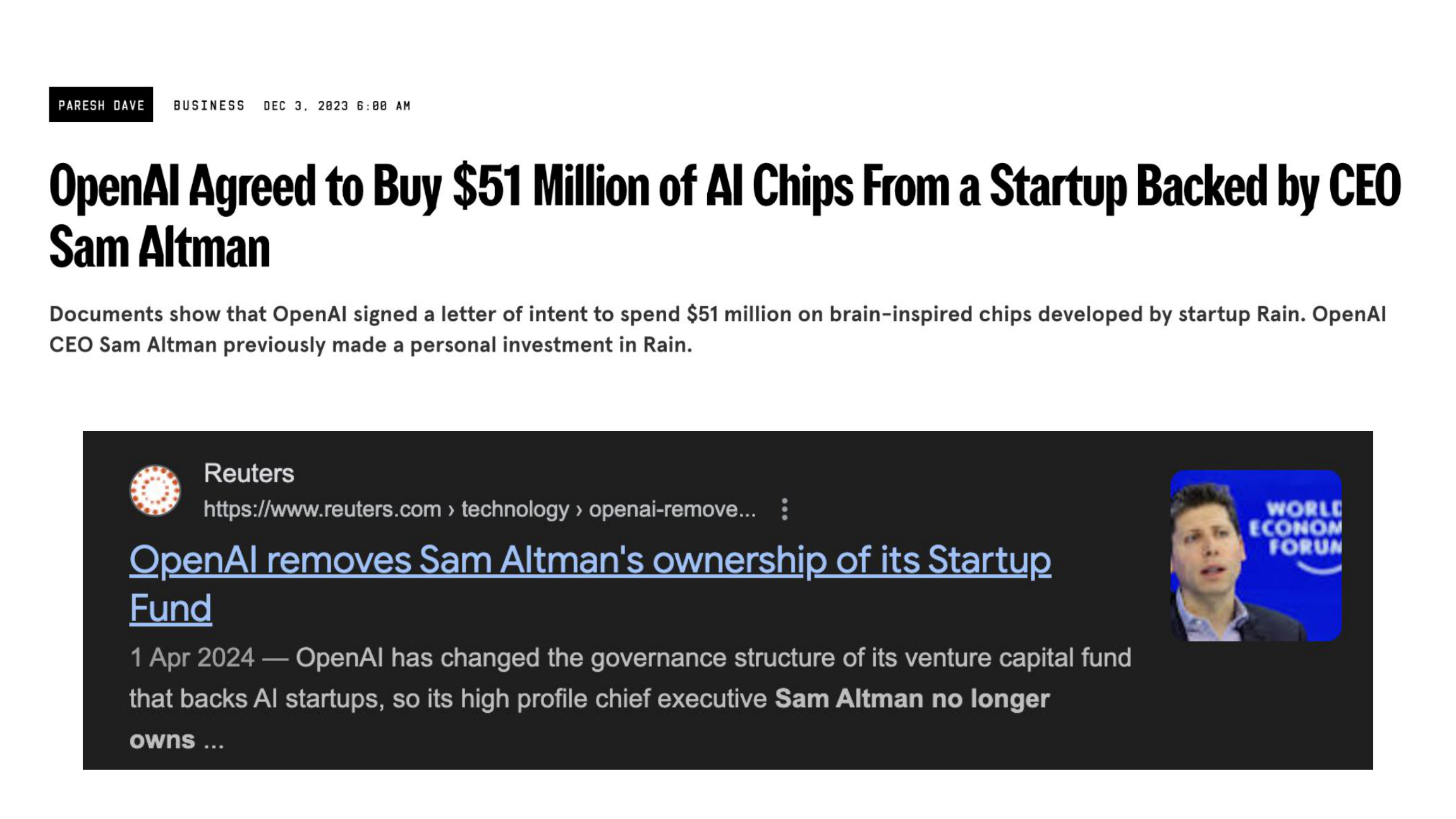 OpenAI agreed to buy $51M of AI chips from a startup backed by CEO Sam Altman - Wired article, Reuters article about Sam Altman ownership